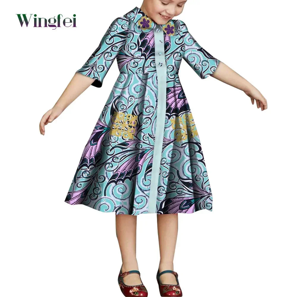 African Clothes for Children Floral Print Girls Dresses Dashiki Party Clothes Short Sleeve Ankara Baby Dresses WYT687