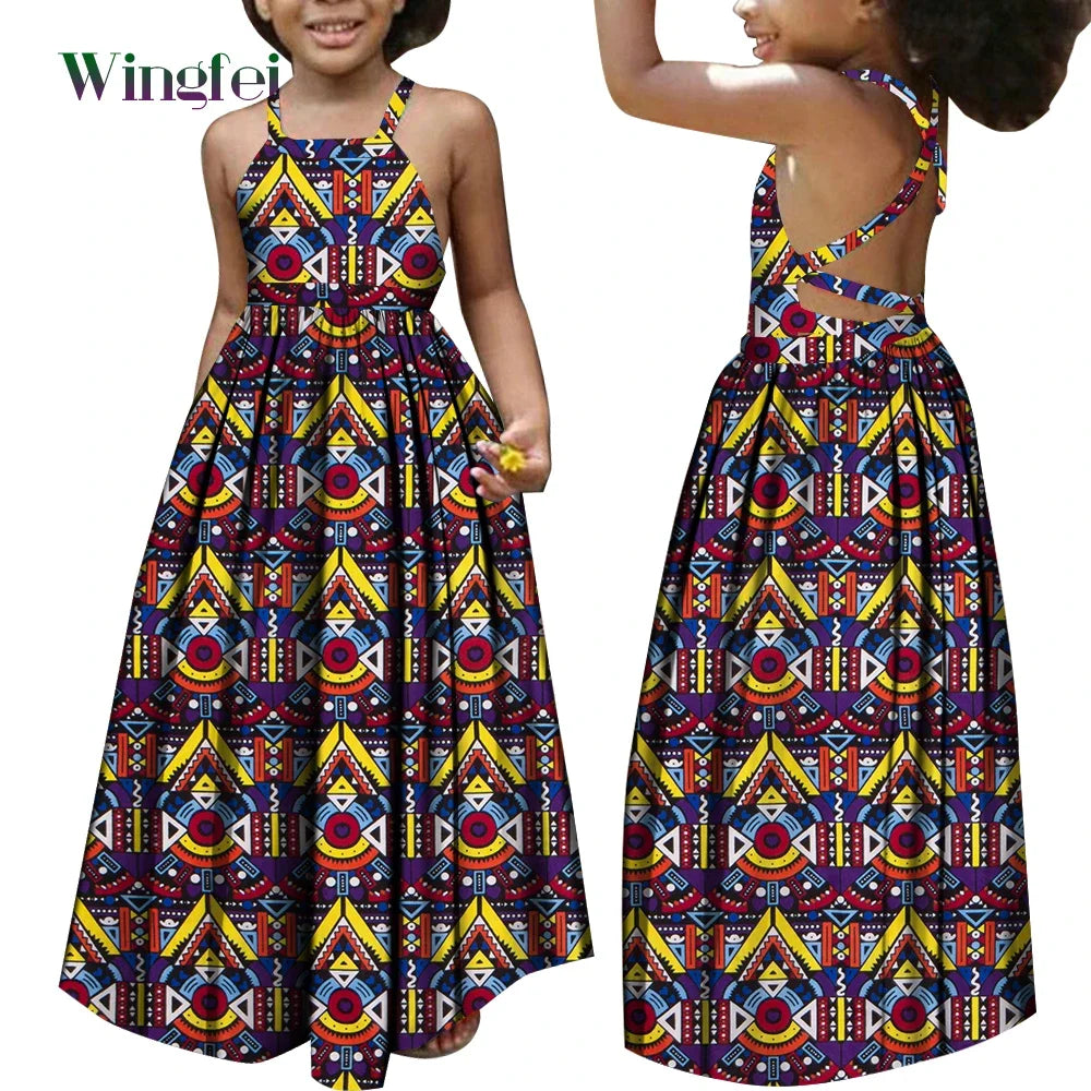 African Dresses for Girls Dashiki Children Clothes Ankara Fashion Floral Print Halter Long Dresses Kids African Clothes WYT728