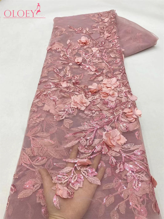 Fashion French Mesh 3D Flowers Embroidery Bead Lace Fabric With Sequins African Nigerian Fabric For Wedding Dress