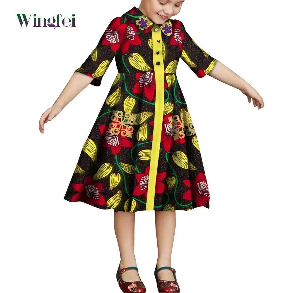 African Clothes for Children Floral Print Girls Dresses Dashiki Party Clothes Short Sleeve Ankara Baby Dresses WYT687