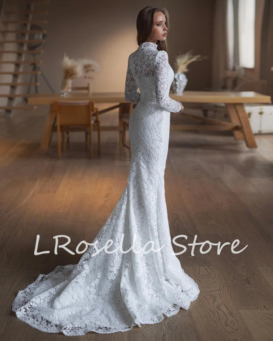 LRosella Wedding Dress Lace Long Sleeve Fashion Pleated Floor-Length Elegant Exquisite O-Neck  Morden style Luxury