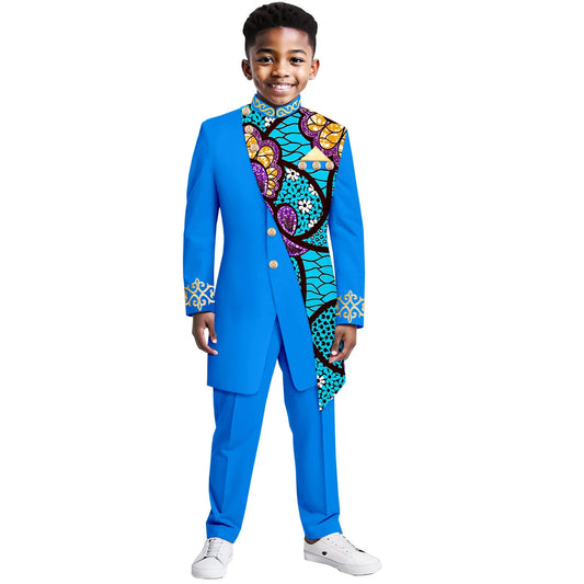 Boys Suits Wedding Tuxedo African Print Ankara Pure Cotton Jacket Pants 2 Piece Set Formal Party Fashion Dress Kids Blazer