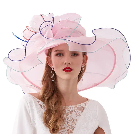 Fashion Big Bow Wide Brim Hat Women Hats for Wedding Church Dress Organza Fedora Foldable Lady Hat Sun Hats