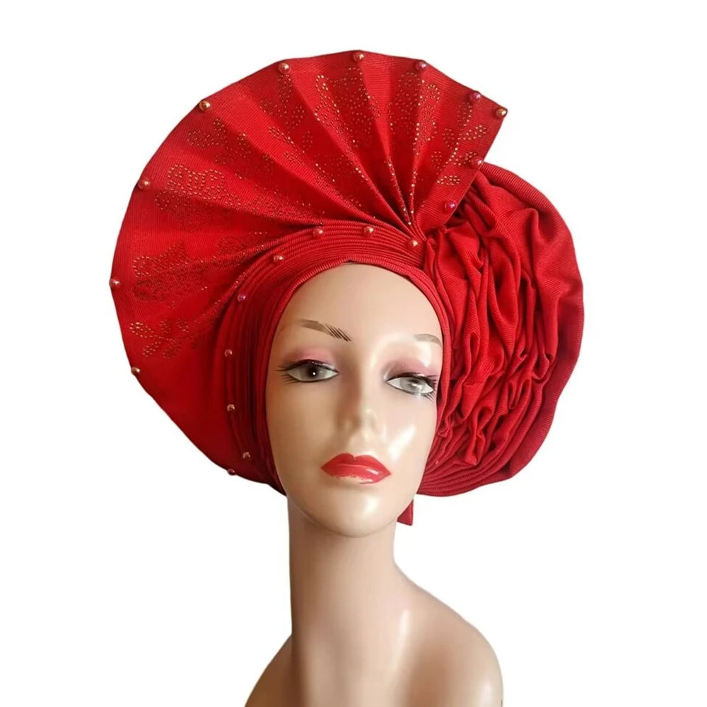 Gold Headtie Auto Gele With Stones African Sego Headtie Already Made Gele Aso Ebi Nigerian Turban Cap For Wedding