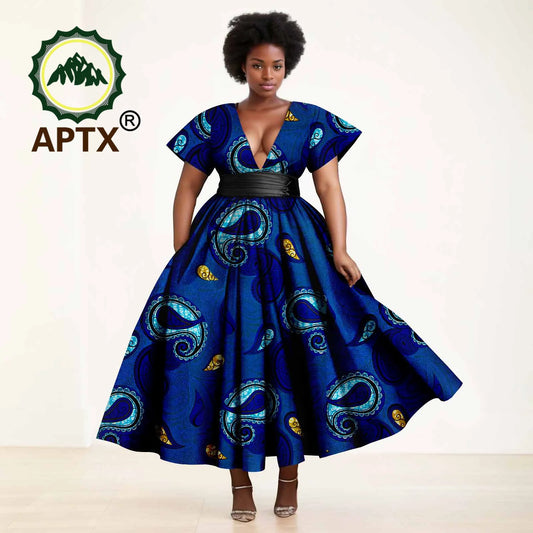 African Dresses Women's Ankara Printed Short Sleeve V-Neck With Belt And Ankle Dress Dashiki Casual Party Wedding Dresses
