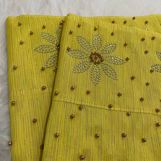 New Designs Fashion Nigerian Aso Oke Gele Headtie Embroidery With Beads Stones High Quality Wraps Fabrics 2Piece/Set For Women