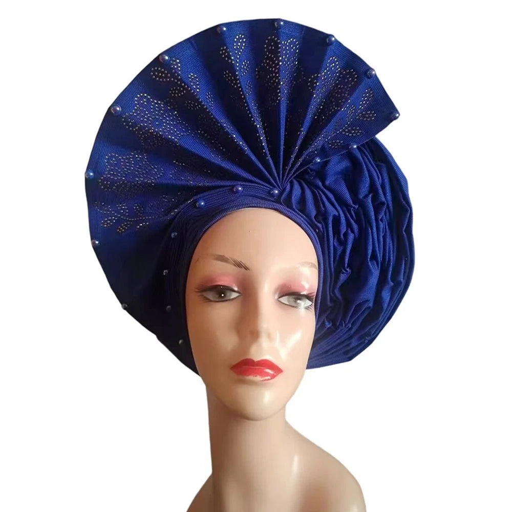 Gold Headtie Auto Gele With Stones African Sego Headtie Already Made Gele Aso Ebi Nigerian Turban Cap For Wedding