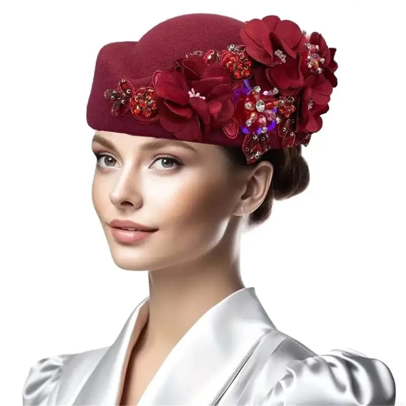 R1WE Women Church Baptism Hat Wool Hat for Horseracing Roleplay Bolwer Hat Formal Occasion Cosplay Costume Hat