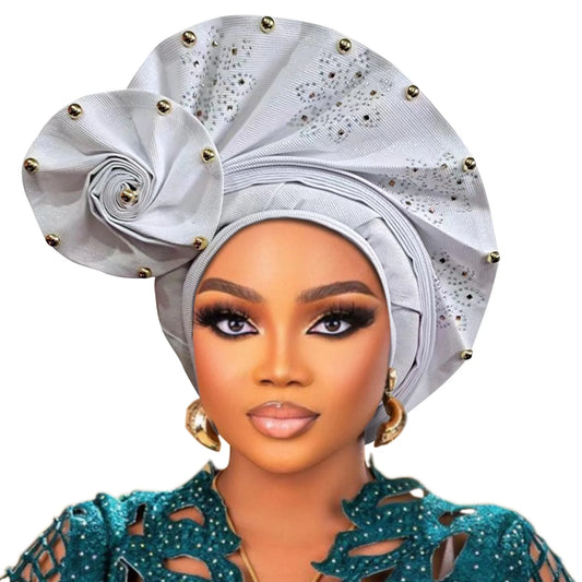 2025 New Auto Gele Headtie Already Made African Head Wraps for Women Nigerian Aso Oke Beads and Sequins Headtie African Headwear