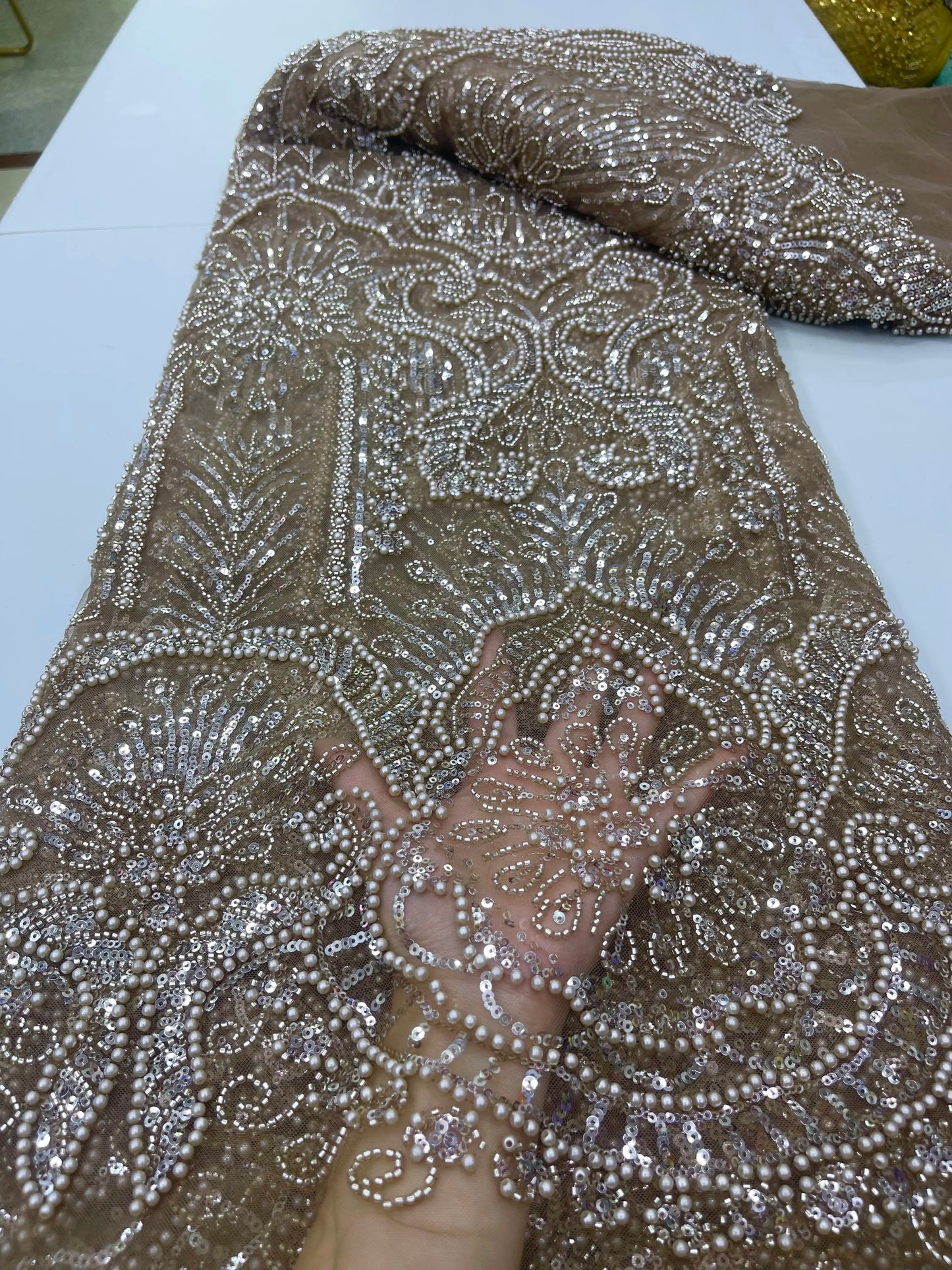 Gold French Beaded Lace Bride Fabric 5 Yards High Quality African Sequin Lace Fabric Nigeria Mesh Wedding Dress for Women