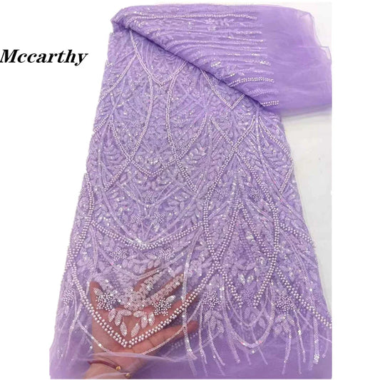 Luxury Beaded Tulle Lace Fabric 2025 High Quality French Sequin Net Sewing Hand Crystal Beads Glitter Blue African Mesh Sequence