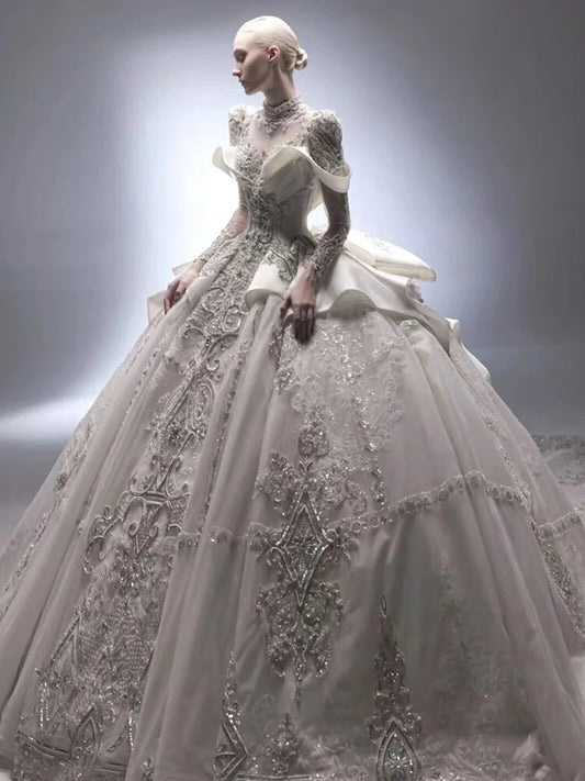 Customized Heavy Industry Satin Wedding Dress for Women New Retro Bride Long Sleeve Ball Gown Large Size Vestido De Novia