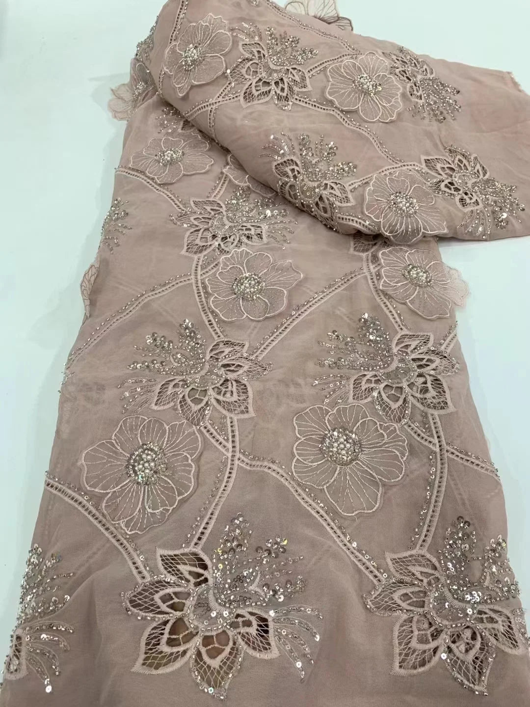African Chiffon Lace Fabric High Quality Lace Material peach Nigerian French Lace Fabric For Women Wedding Party