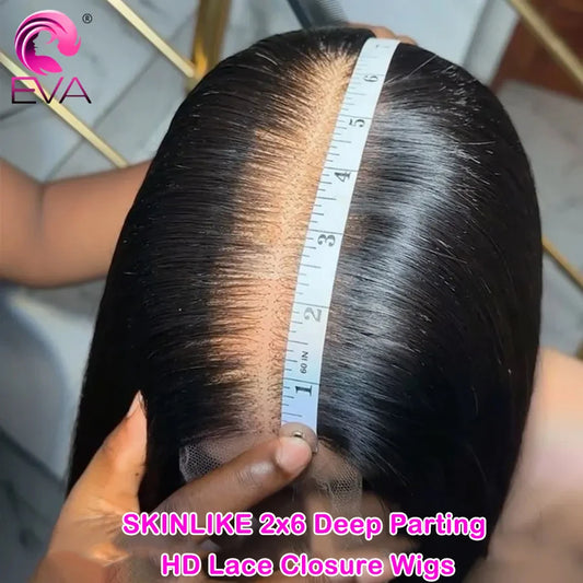 Eva Hair Glueless 2x6 HD Lace Closure Wig Melt All Skins HD Lace Wigs Pre Plucked 2x6 Deep Parting Bone Straight Human Hair Wigs