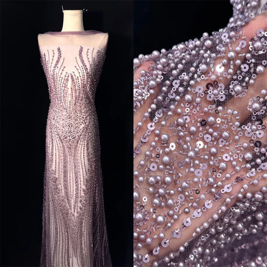 Peach Sequin Lace Fabric African Fabric Lace Wedding Dress Luxury Beaded Lace French Mesh Sequence for Party Dresses Sewing
