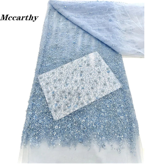 Luxury Bule Sequins Tube Beads Lace Fabric For Wedding 2025 New Design French African Tulle Mesh Lace For Evening Dress ST57AJN2