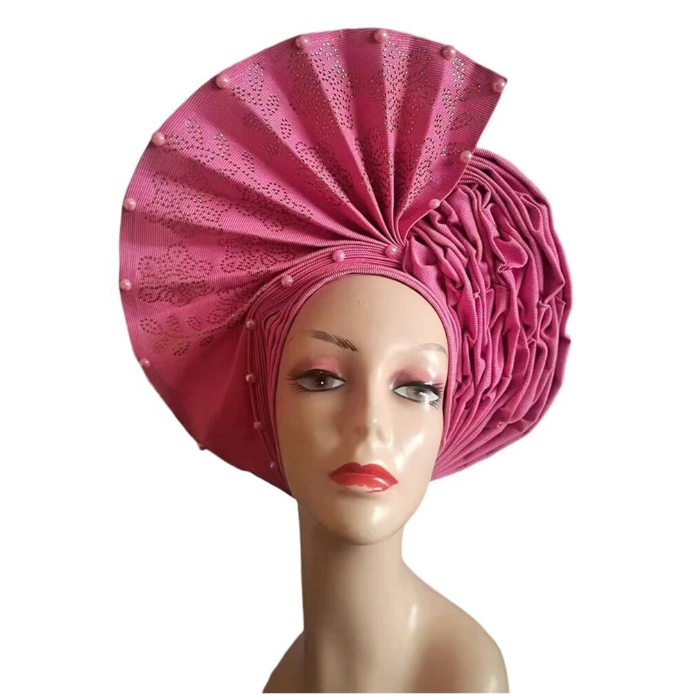 Gold Headtie Auto Gele With Stones African Sego Headtie Already Made Gele Aso Ebi Nigerian Turban Cap For Wedding