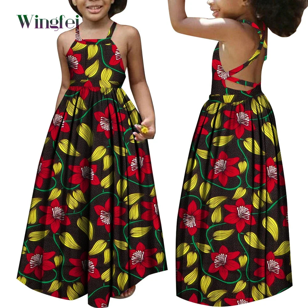 African Dresses for Girls Dashiki Children Clothes Ankara Fashion Floral Print Halter Long Dresses Kids African Clothes WYT728