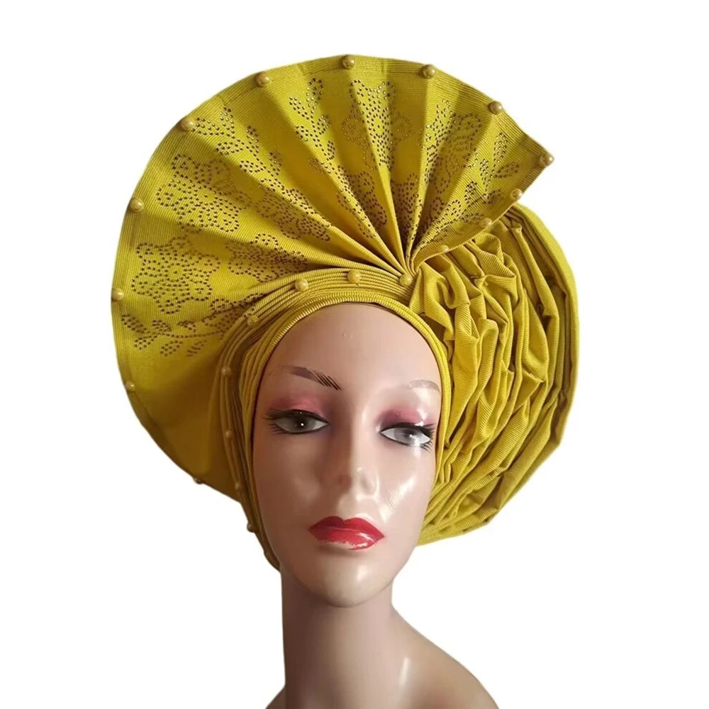 Gold Headtie Auto Gele With Stones African Sego Headtie Already Made Gele Aso Ebi Nigerian Turban Cap For Wedding