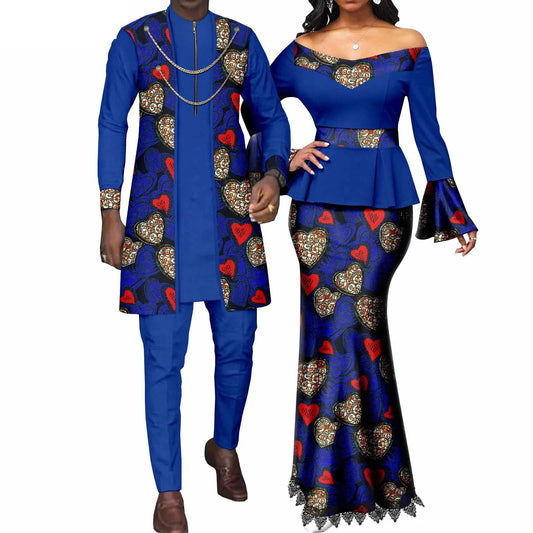 African Couple Matching Clothes for Wedding Women Slim Mermaid Dress Bazin Riche Men Coat Top Pant 3pcs Sets Dashiki Outfits