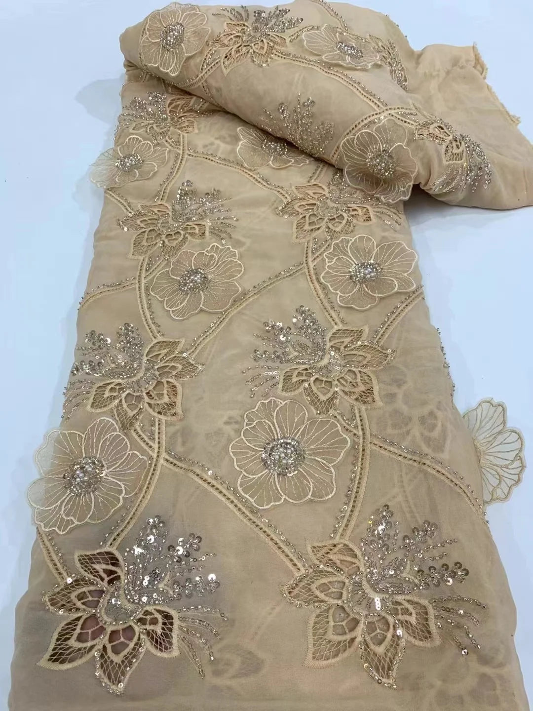 African Chiffon Lace Fabric High Quality Lace Material peach Nigerian French Lace Fabric For Women Wedding Party