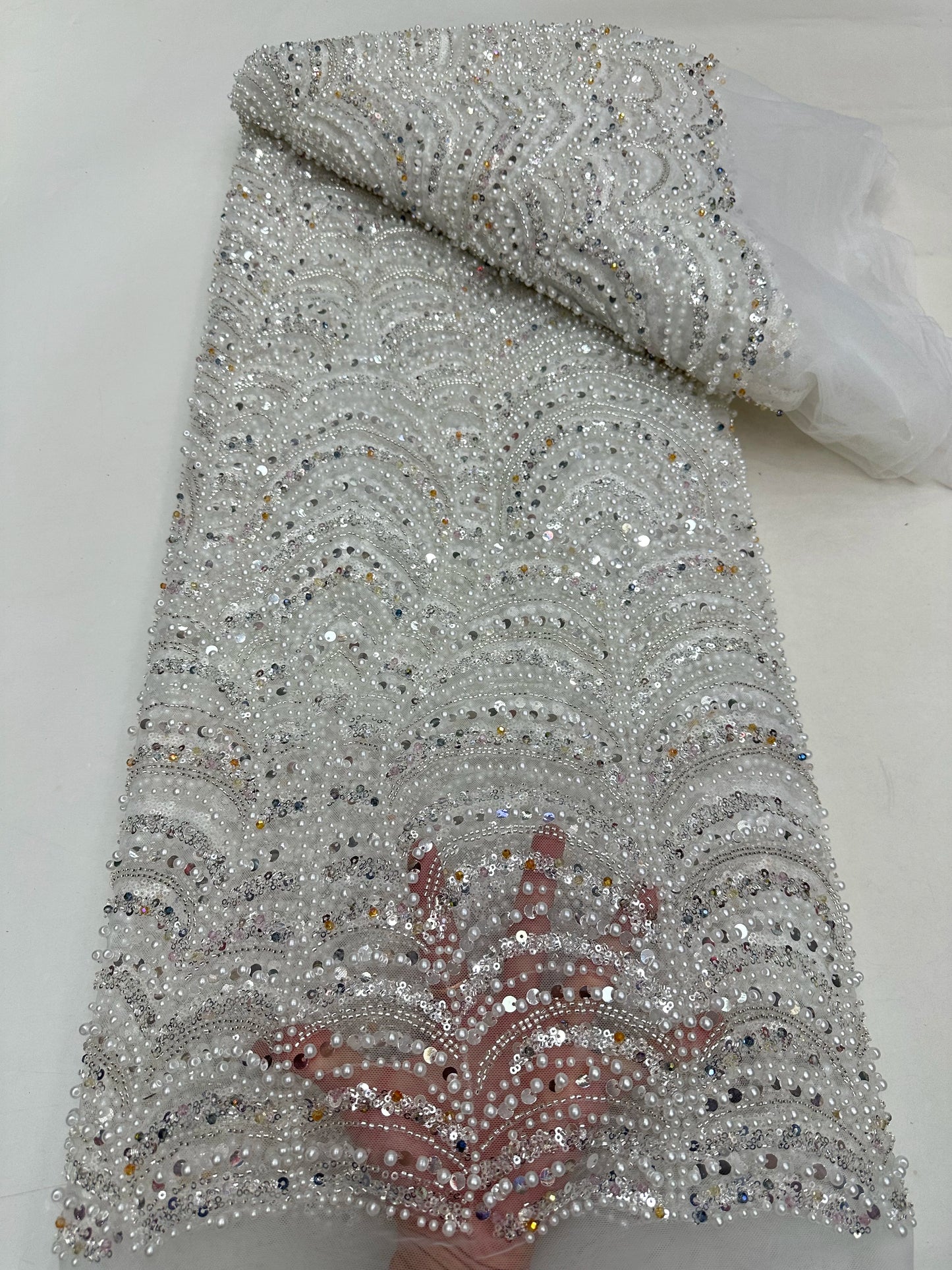 Latest Pink African Sequins Lace Fabric High Quality Lace Embroidery Beaded Mesh Fabric 5 Yards For Wedding Party Dress