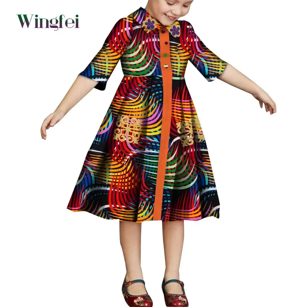 African Clothes for Children Floral Print Girls Dresses Dashiki Party Clothes Short Sleeve Ankara Baby Dresses WYT687