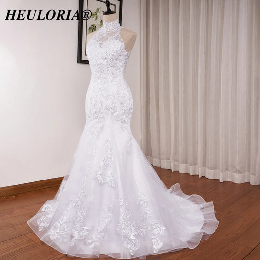HEULORIA wedding dress high neck lace beading bride dress long train Robe de marriage